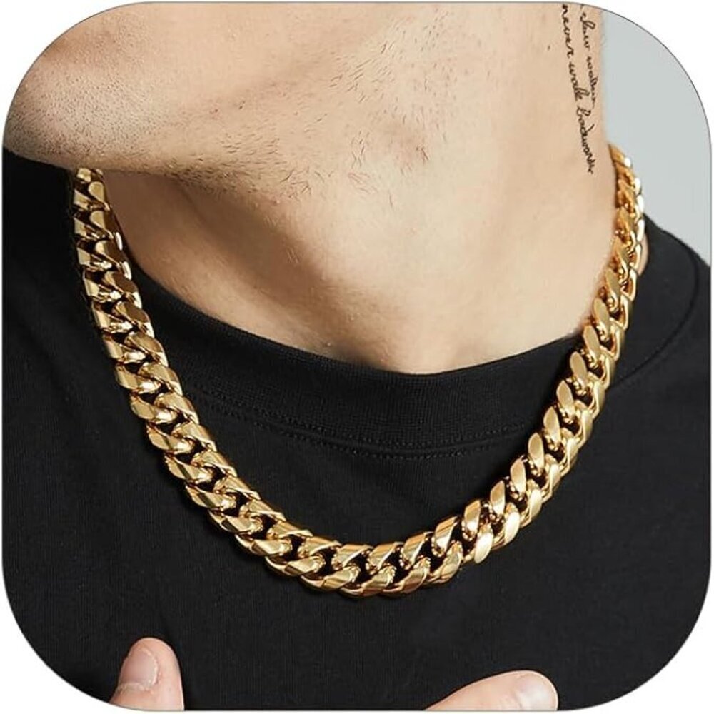 Miami Cuban Link Chain Necklace for Men Stainless Gold-14mm Plated Hip Hop